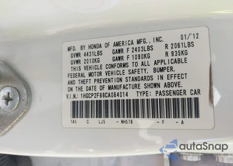 2012 Honda Accord 2.4 Ex-L from USA, damaged, VIN 1HGCP2F88CA064014